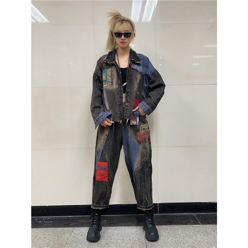 Trendy and cool fashion color matching printing old denim suit autumn dress new loose personality Harlan pants two-piece set