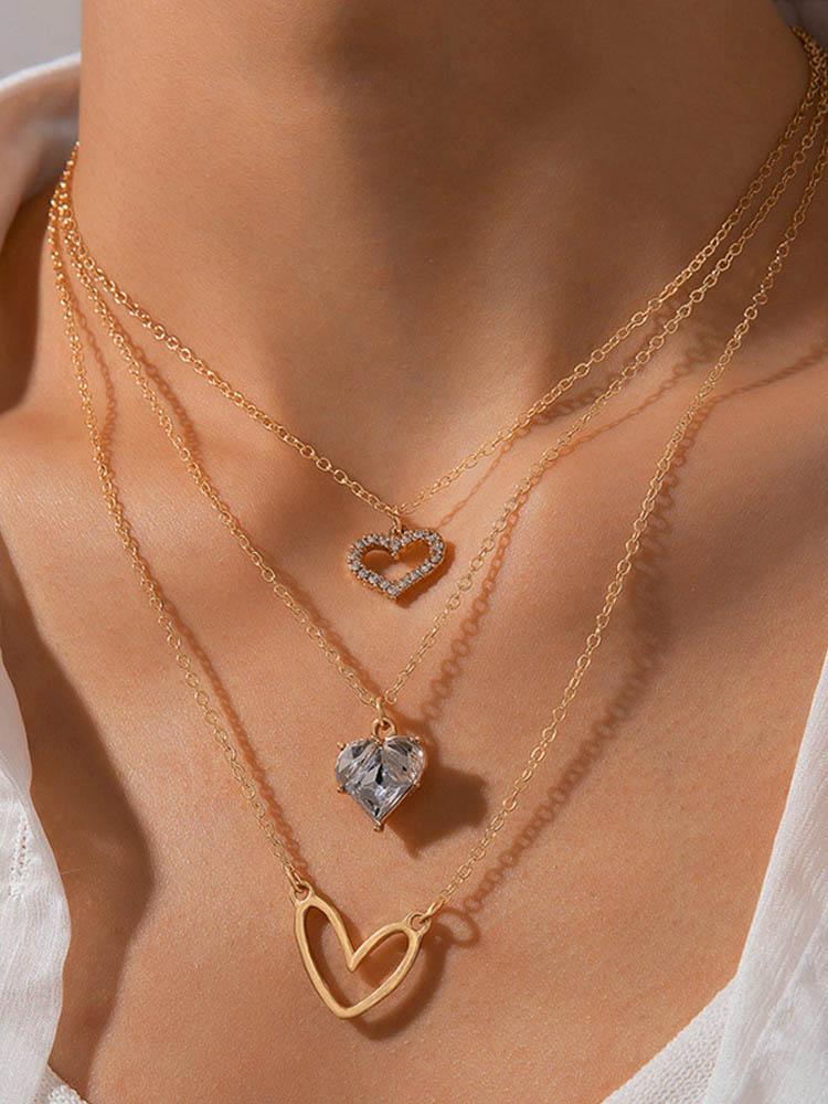 New European and American Diamond Heart Necklace Instagram Creative Retro Simple Hollow Heart Multi Layered Layered Snake Bone Chain