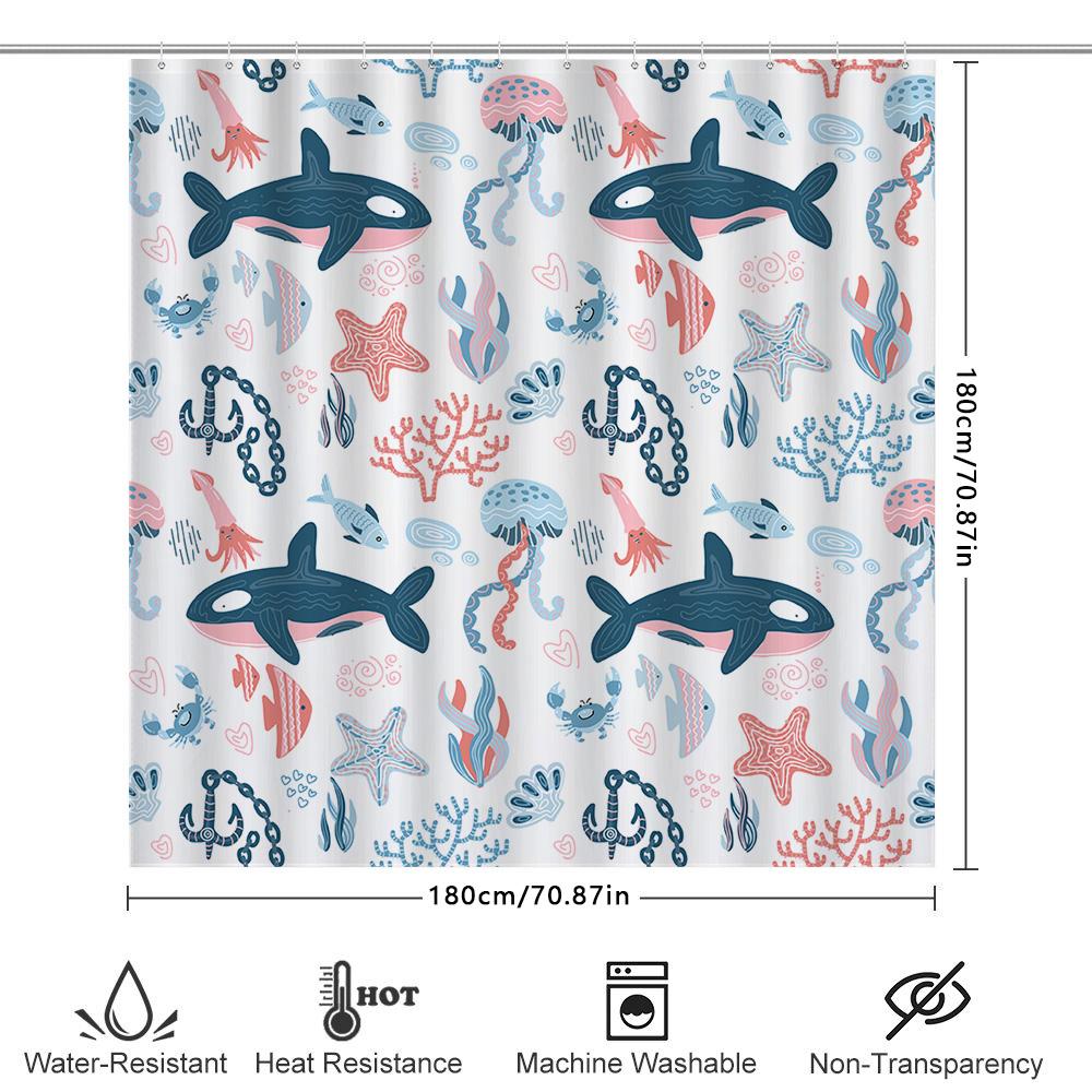 Decorative Shower Curtain Blue Pink Ocean Life Print Waterproof Bathroom Accessories 72 X 84 (183Cmx213Cm)