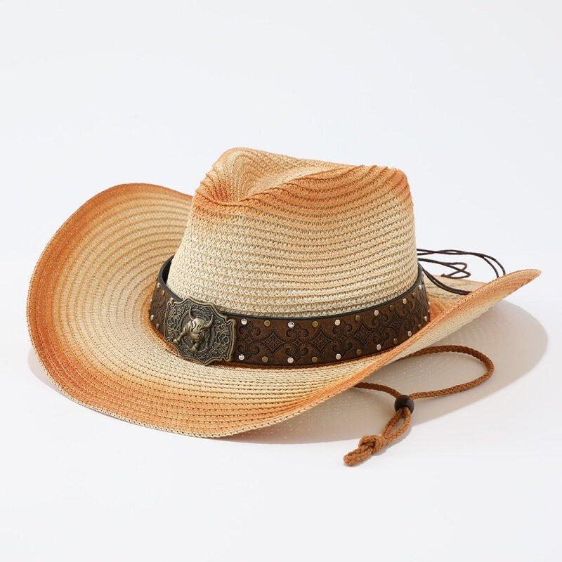 European and American straw hat sunshade upturned brim hat children's outdoor fashion western cowboy hat men's casual retro sunscreen hat