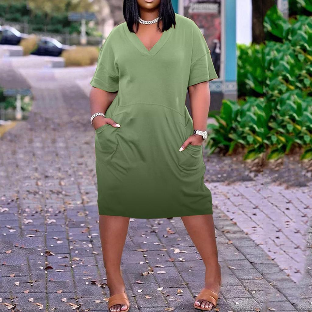 2022 Women's Summer Plus Size V Neck Short Sleeve Knee Pocket Casual Dress buy the best products in the Ayzeze online store 2022 Women's Summer Plus Size V Neck Short Sleeve Knee Pocket Casual Dress buy the best products in the Ayzeze online store