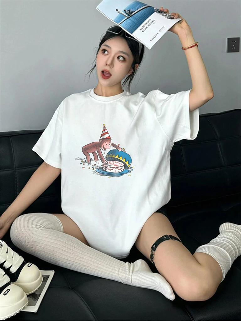 Womens Cartoon Graphic Sleeve Crew Neck Summer Top with Playful Party Hat Cake Design Harajuku Short Sleeve Casual
