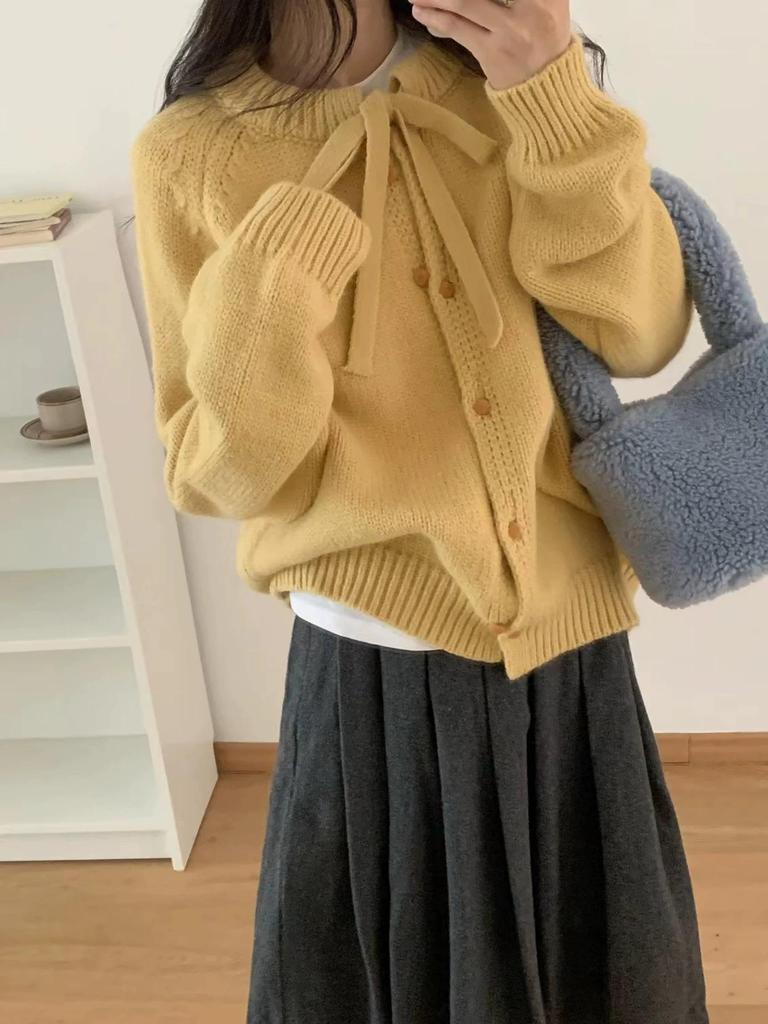 Women's Lace-Up Solid Knit Cardigan - 2026 Spring/Autumn Casual Loose Sweater Coat.