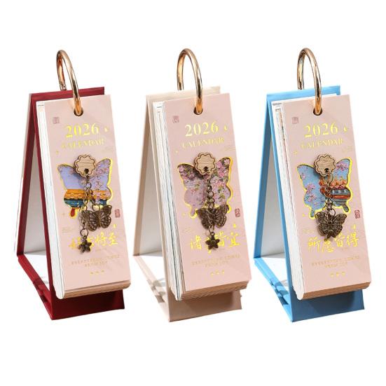 2026 Vintage European Style Oil Painting Flip Calendar January-December Desk Planner with Butterfly Pendant Desktop Monthly Organizer for Home Office