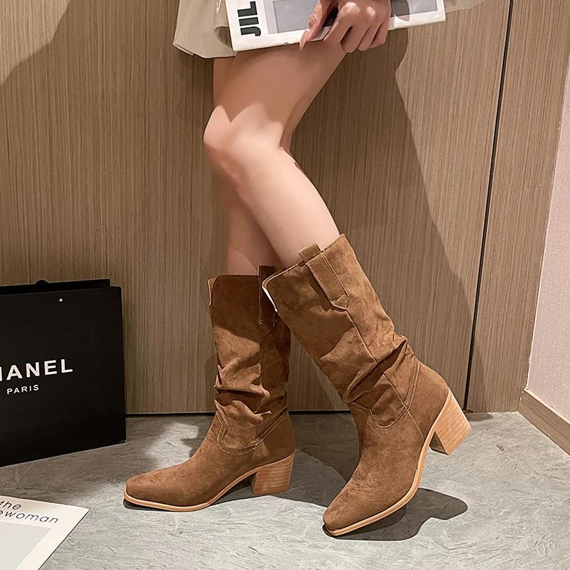 Fashion New Women's Retro Long Boots for Spring Fashion, Suede Midsole Stacking Boots, Thick Heel Square Toe Oversized Denim Boots