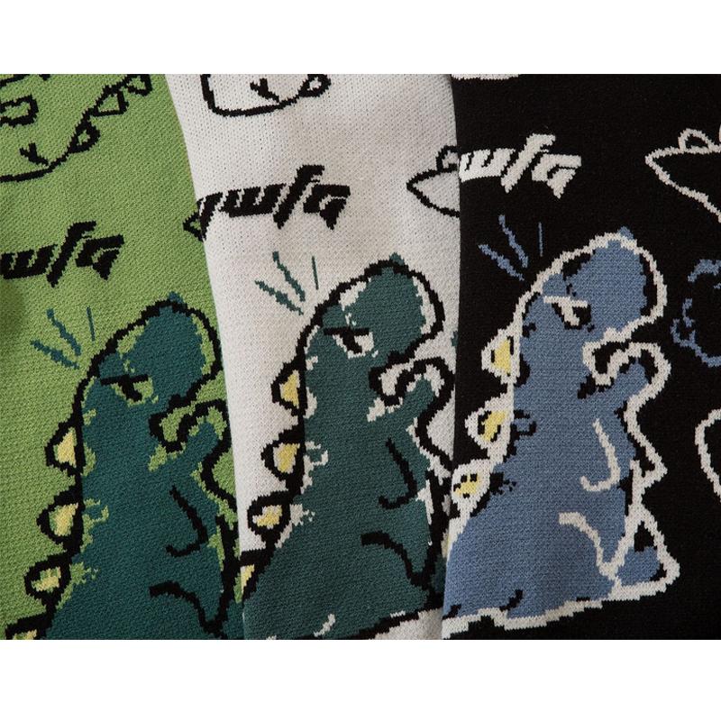 Harajuku Dinosaur Pattern Black Cardigan Sweater Men Vintage Oversized Cartoon Kawaii Coats Autumn Winter Loose Knitted Sweater