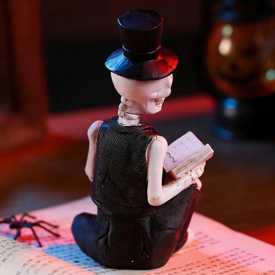 Small Reading Gentleman Skull Figurine Halloween Sitting Skeleton Statue with Top Hat And Suit for Gothic Living Room Table Shelf Indoor Decor