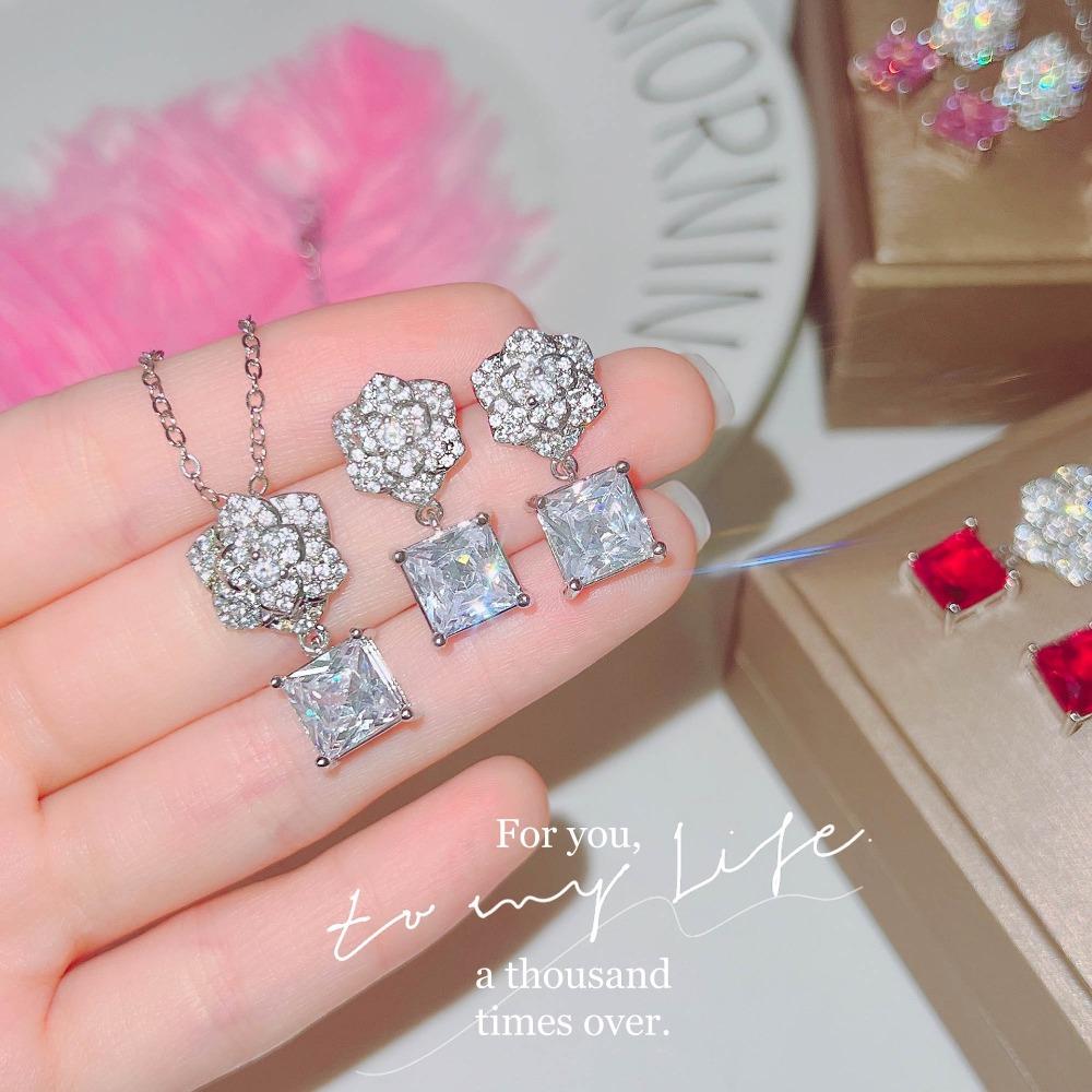 Women Jewelry Set Rose Flower Elegant Fashion Micro Inlaid Zircon Earrings Pendant Necklace