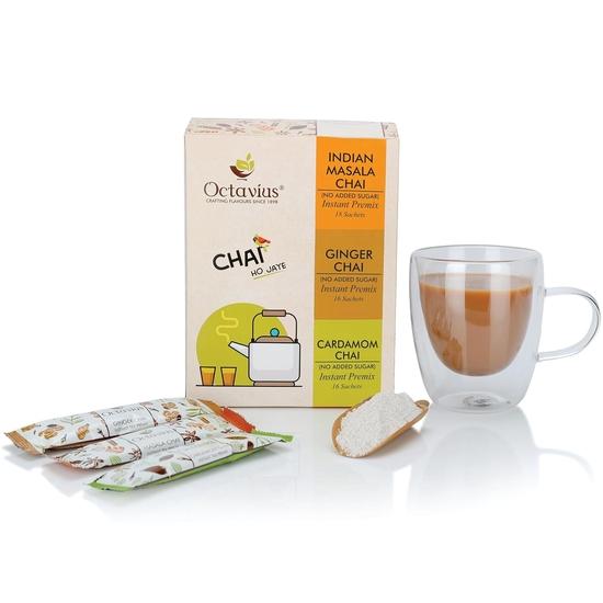 Octavius No Added Sugar Assorted 3 in 1 Premix Tea - 50 Pouches | Low Sugar | Ready Tea | Instant Tea (8 Gm X 50 Sachets)