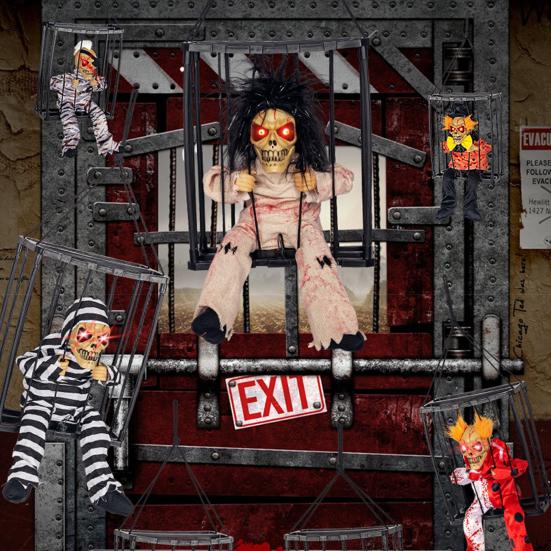 

Кричащие анимированные украшения для Хэллоуина, висячий череп узника с датчиком движения, страшные призраки, узник для внутреннего и наружного декора дома с привидениями