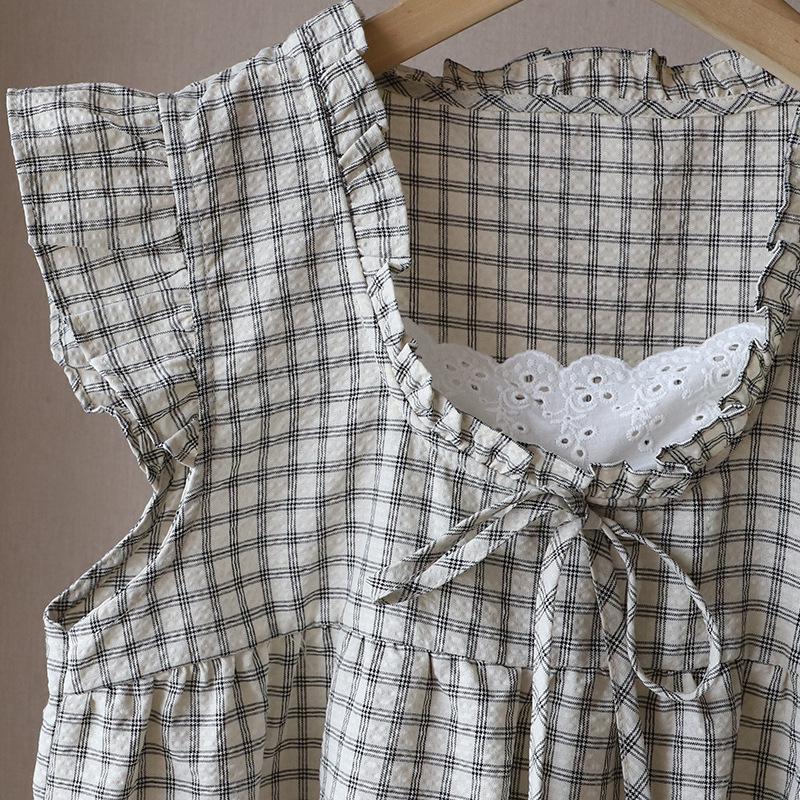 2025 Korean Style Sleeveless Plaid Lace-Trim Tie Top 3998