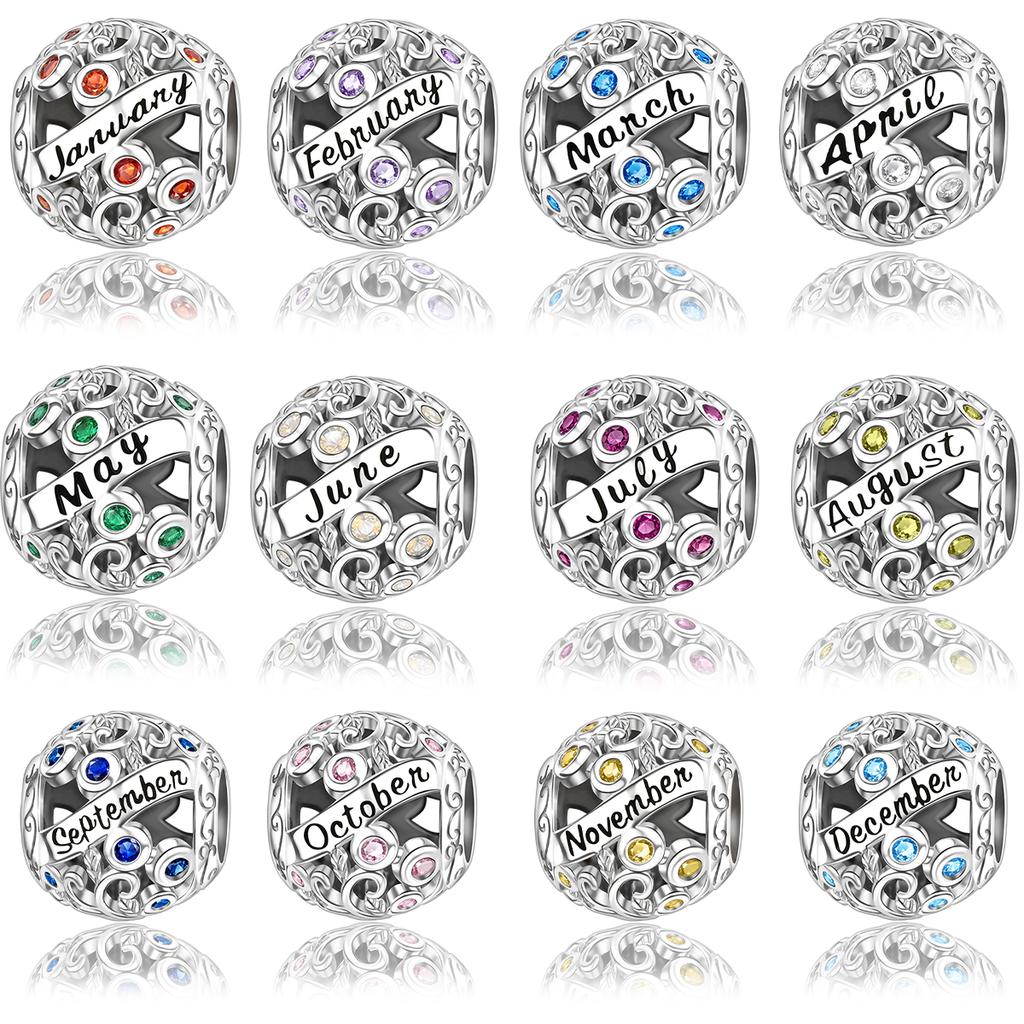 New 925 Silver Charms Colored Zircon Twelve Months Beads Pendant Bracelets Necklaces Womens DIY Jewelry Gift