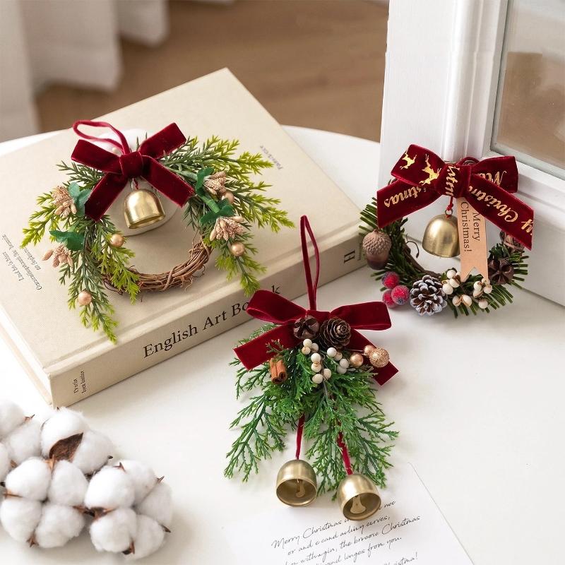 Christmas Jingle Bells Door Hanger Ornament Velvet Bow Pine Cone Bell Pendants For Christmas Decoration Christmas Gift Noel
