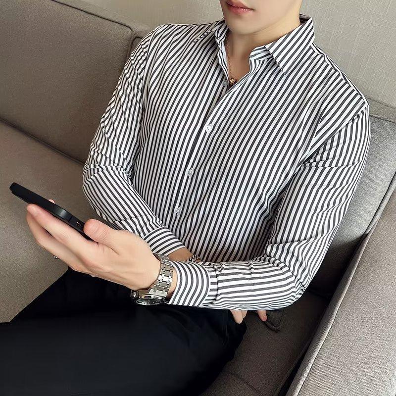Spring And Summer Striped Long-Sleeved Shirt Men'S Black And White Plaid Shirt Men'S Slim Pepsi Trend Casual Inch