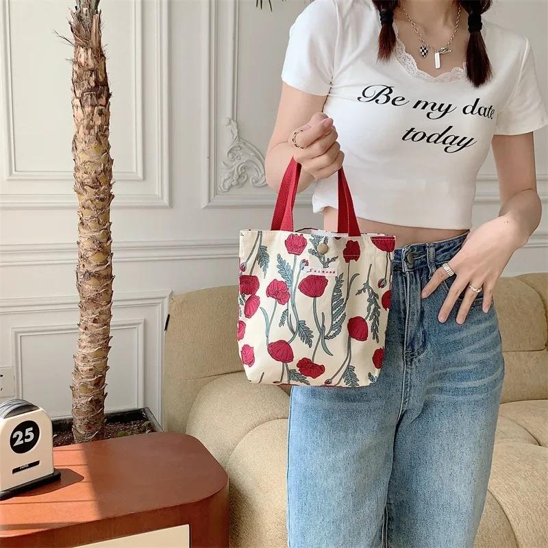 Korean Cloth Handbags Lunch Box Bag Women's Beauty Flower Canvas Bag Outside Shopping Toiletry Phone Oagnzier Storage Bags