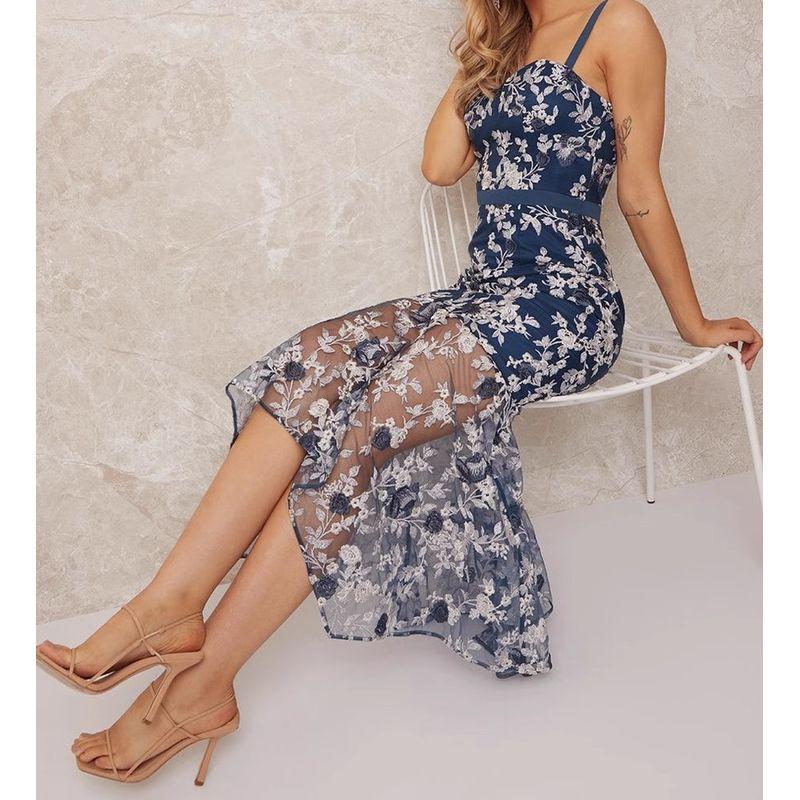 

Export Single Cross-Border Export C High Cargo Sling Embroidered Mesh Cinched Slim Looking Fishtail Perspective Ladies Dress Blue S(8)