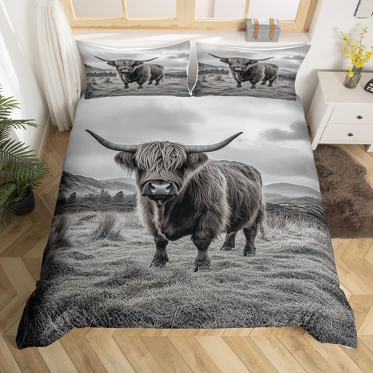 

Kids Highland Cattle Flower Duvet Cover Set Farm Animal Bull Cow Comforter Cover Microfiber Western Cowboy Twin King Bedding Set EU Single(135x200cm)