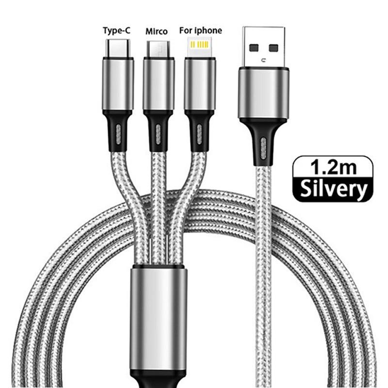 3 в 1 USB-зарядное устройство Быстрозарядный кабель Type C Micro IOS Мультизарядный кабель для iPhone Huawei Samsung Нейлоновая оплетка 1.2m серебряный