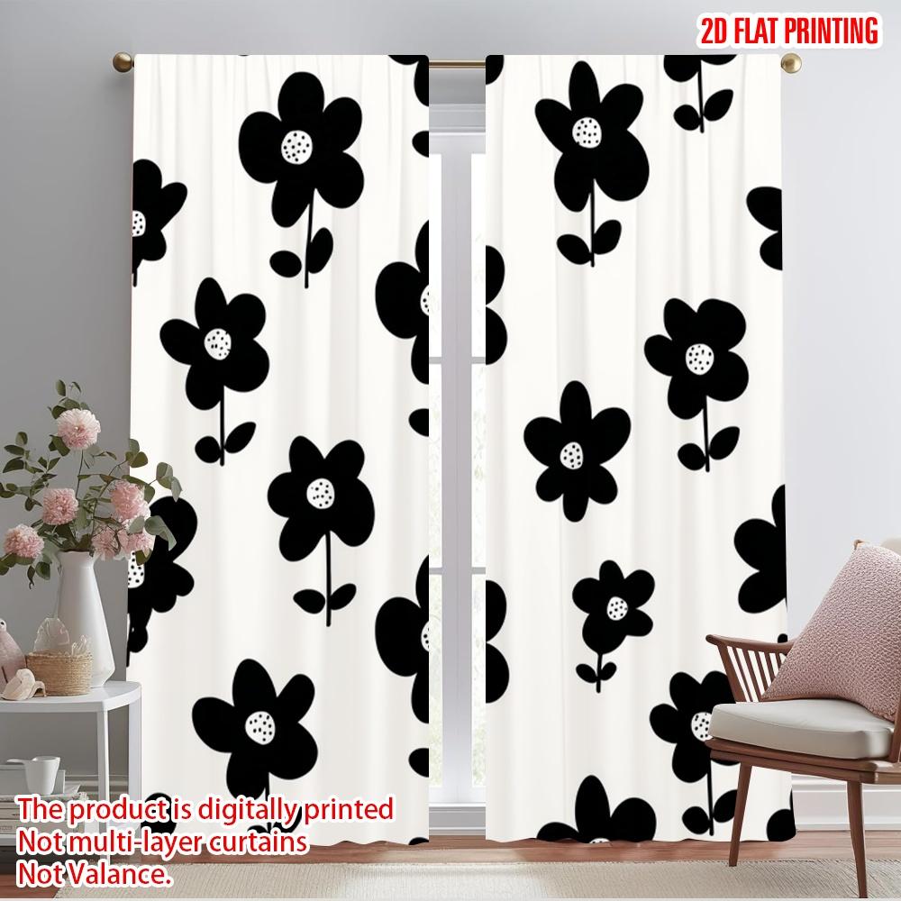 2pcs,2D plane printing Minimalist Curtains Black Floral Silhouette Design Versatile Durable Polyester (without rod) Room Decor