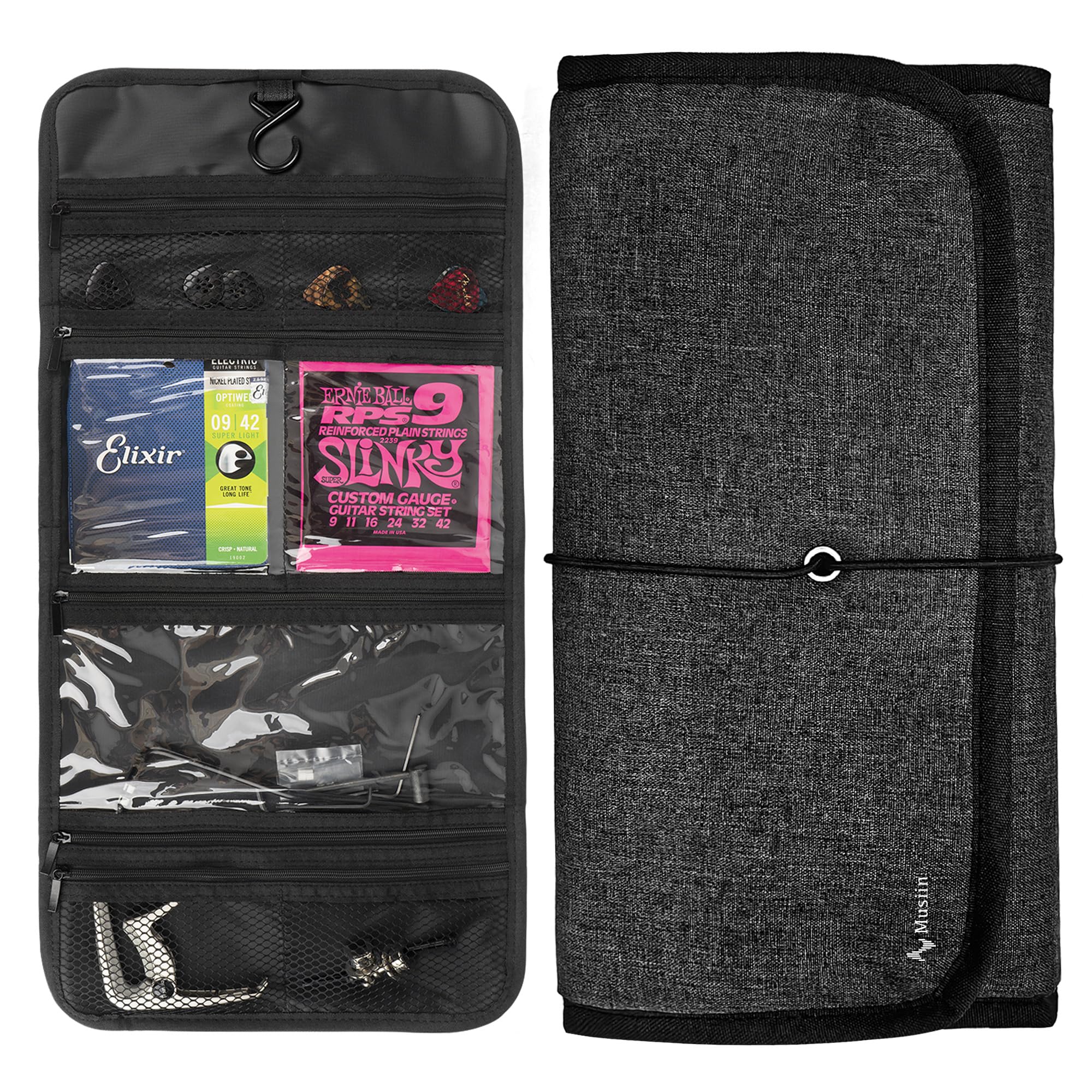 

Musiin Guitar Accessory Organizer Foldable Easy Access Pocket Case for and String Holders Gray Bag, Picks, Straps, Capos, (Iron) -