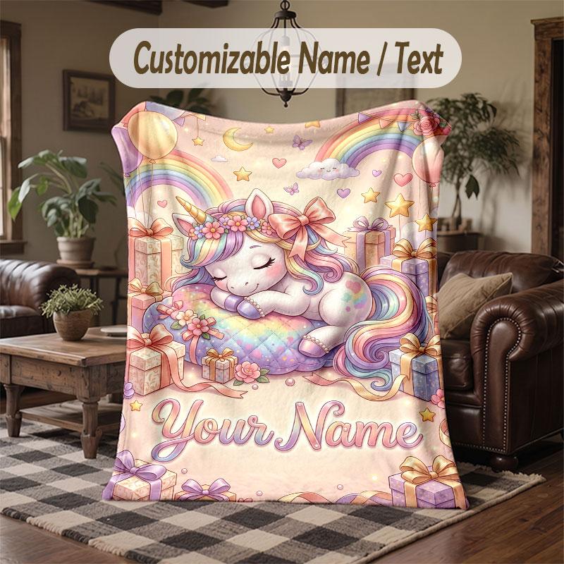Unicorn Theme Throw Blanket Custom Name Text Personalized Blanket Soft Cozy Blanket for Home Sofa Bed