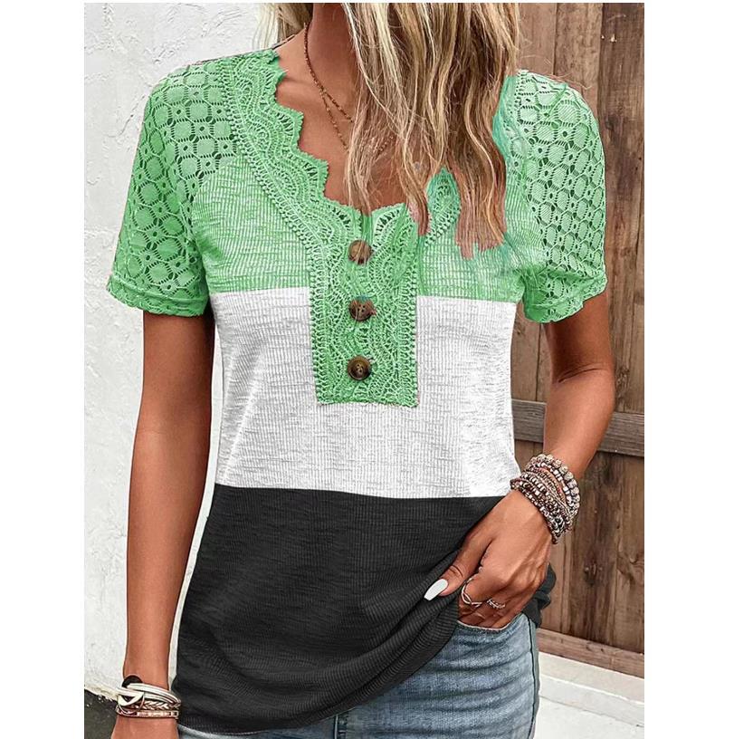 

Лето 2023, топ, повседневные рубашки, футболка с v-образным вырезом, женская кружевная повседневная свободная футболка, топ, футболка с короткими рукавами, темперамент 28323 5XL светло-зеленый