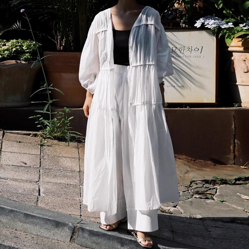 

Johnature, летние длинные солнцезащитные пальто, повседневные корейские плиссированные однотонные свободные женские пальто с белым галстуком XL