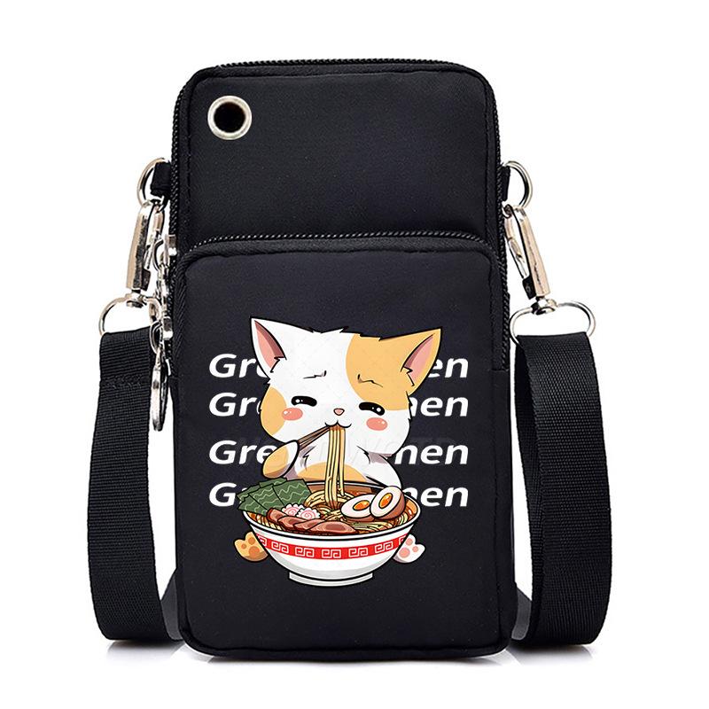 Eating Noodles Kitten Printed Messenger Bag Vertical Change Bag Multi-Function Mobile Phone Bag