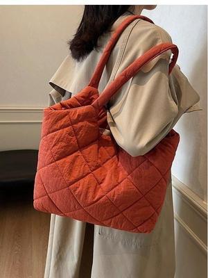 Gesteppte Baumwolltasche im koreanischen Stil - Großes Fassungsvermögen, lässige Umhängetasche für Herbst/Winter 2025.