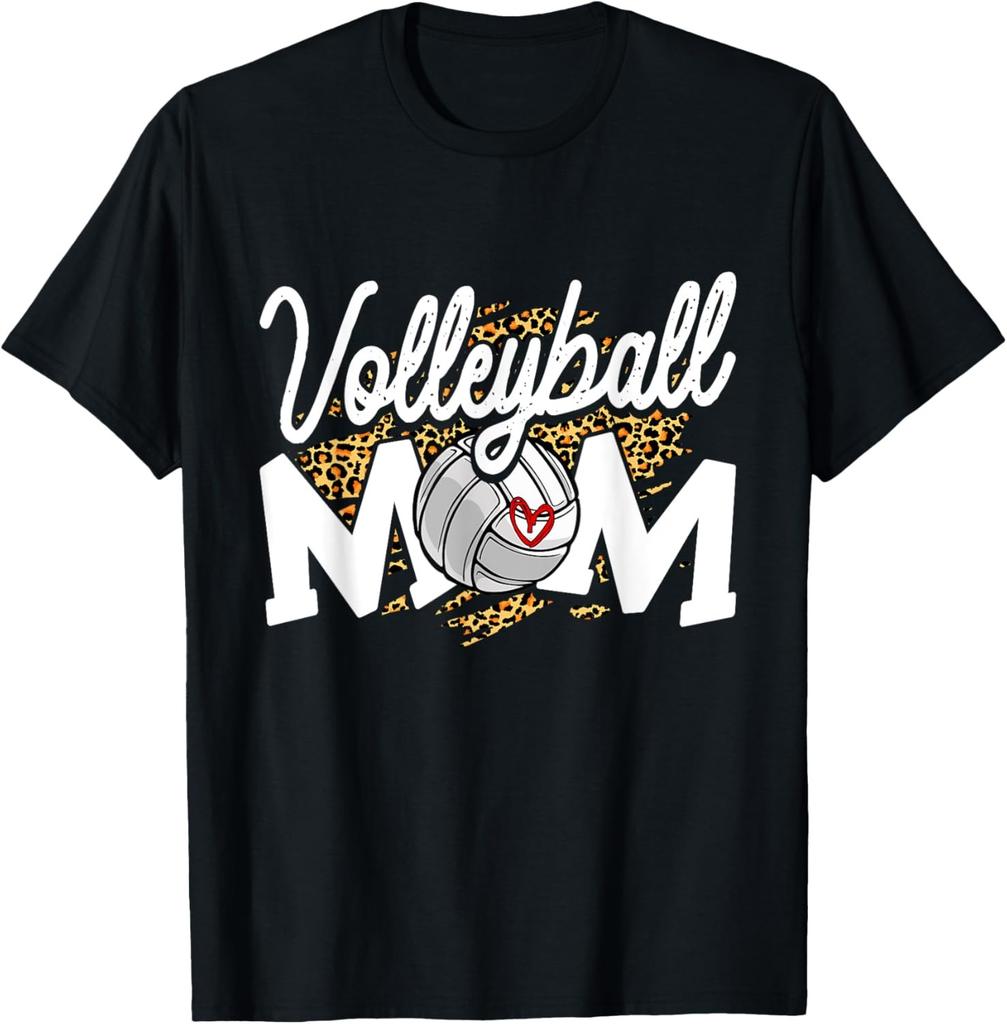 Volleyball Mom Cute Novelty Leopard Heart Mother's Day T-Shirt