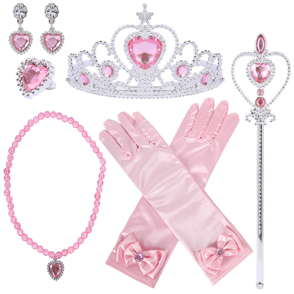 6Pcs Elsa Princess Accessories Girls Crown Gloves Wand Jewelry Set Necklace Kids Princess Queen Dress Clothing Cosplay Dress UP