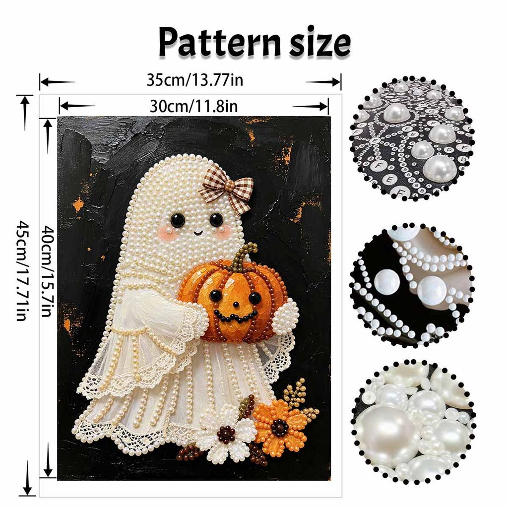 Frameless Pearl Bead Painting Kit Cute Ghost Pumpkin Design DIY Handmade Craft Canvas for Home Wall Decor Autumn Seasonal Gift Art