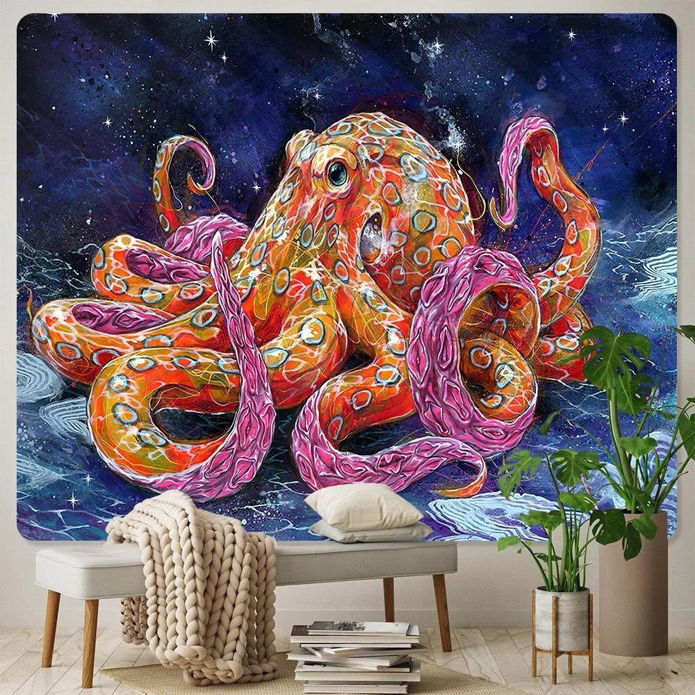 

Узор тигра и осьминога, настенное искусство, украшение для дома, гобелен, офис, гостиная, гобелен 100x75cm