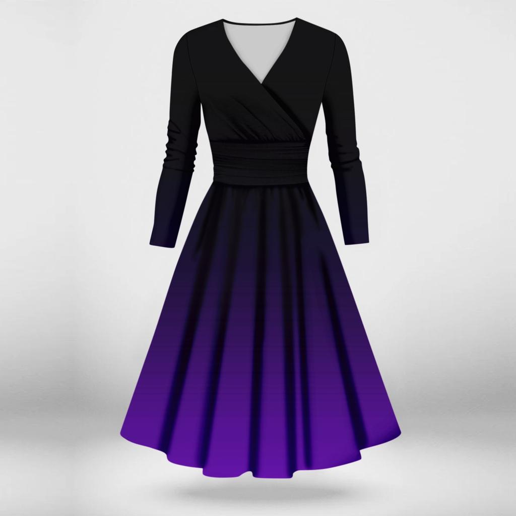 Dámské ležérní a módní sexy šaty s dlouhým rukávem a výstřihem do V s přechodem