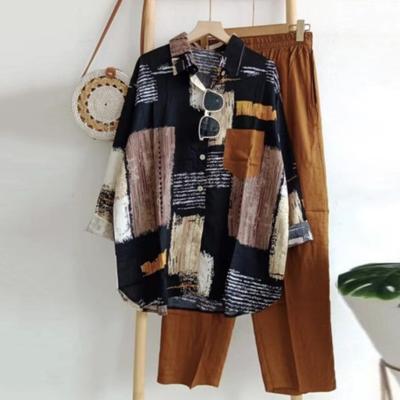 Set 2 bucăți/set pantaloni cămașă, bloc de culoare, rever, mânecă lungă, lejeră, talie elastică, picior lat, moale, casual, bluză, pantaloni, set