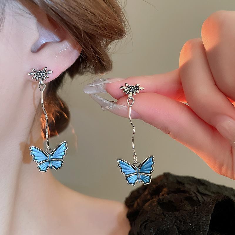 Silver needle blue butterfly oil-dip diamond-inlaid stud earrings, artistic and fresh style, fashionable and luxurious, high-end earrings