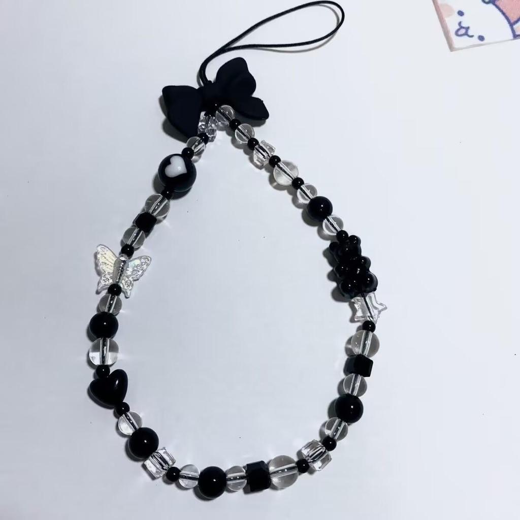 Women's Black Crystal Beaded Phone Lanyard with Bow - Cute Anti-Lost Chain Pendant Ornament