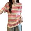 Hong Kong style chic pink striped love round neck short-sleeved T-shirt women's summer new design sense niche loose top