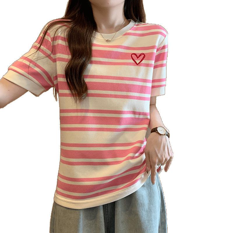 Hong Kong style chic pink striped love round neck short-sleeved T-shirt women's summer new design sense niche loose top