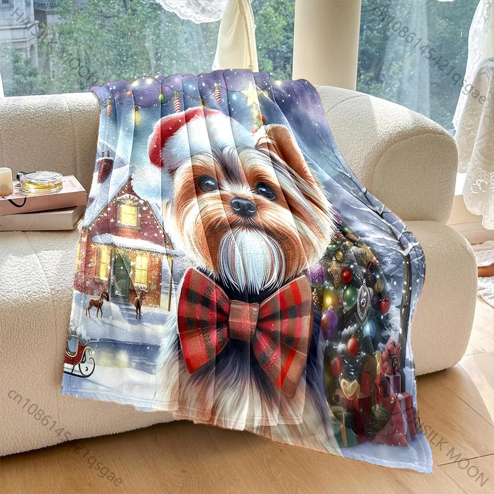 

Christmas-themed Festive Yorkshire Terrier Pattern Blanket Flannel Material Soft Warm for All Seasons Home Outdoor Camping 75x90cm