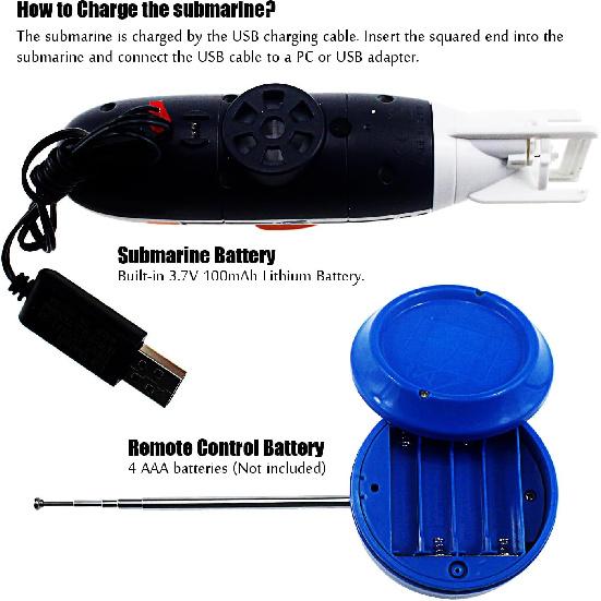 Tipmant RC Submarine Toy Remote Control Boat Underwater Diving Waterproof for Fish Water Tank Kids Birthday Gift (White)