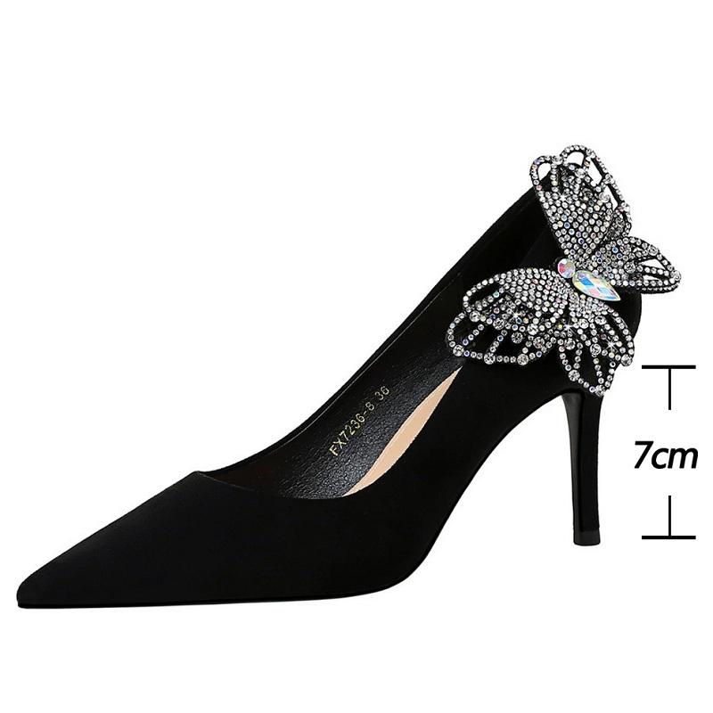 

Мода 7 см Каблуки-рюмочки Дизайн с бантом из стразов Женские туфли-лодочки Замшевые женские каблуки Шпилька Роскошные банкетные туфли Черные каблуки Женская обувь 34