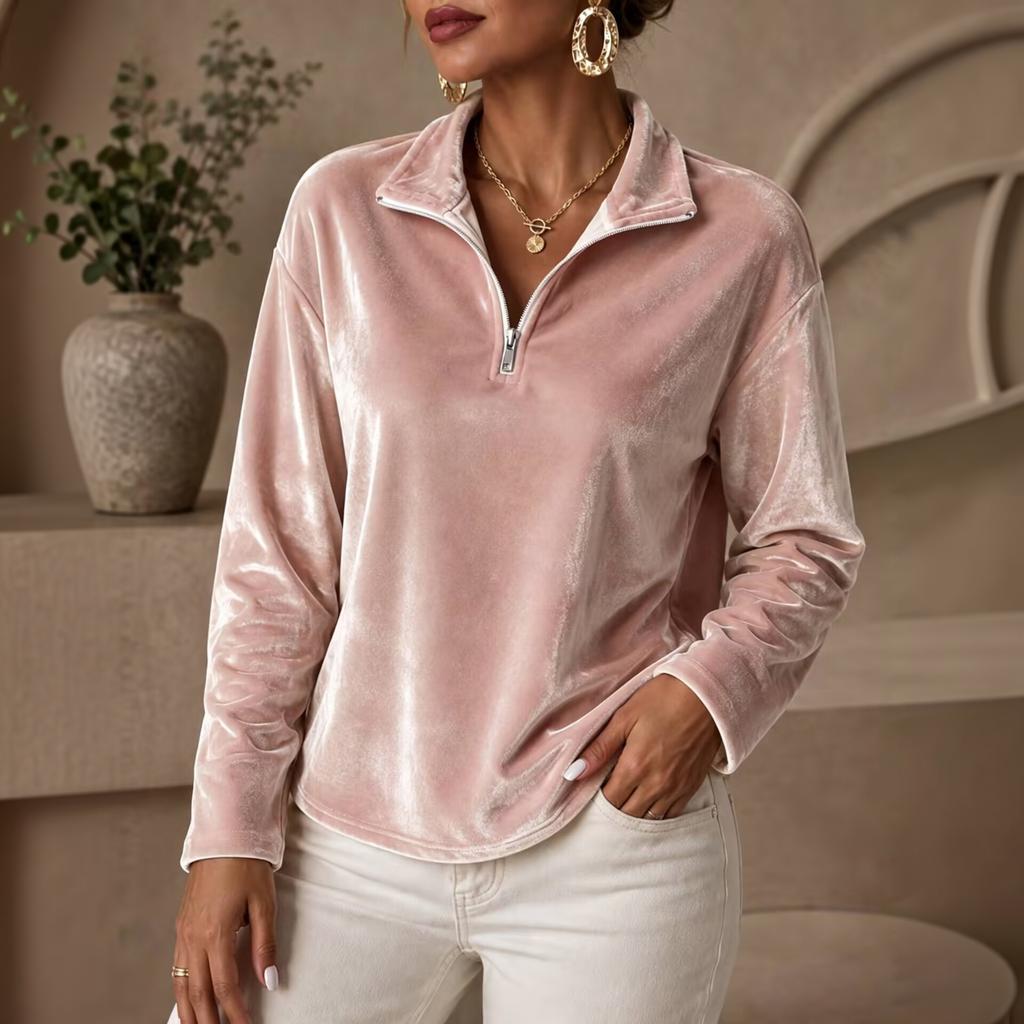 Women's Casual Long Sleeve Velvet Shirt with Half Zip and Stand Collar