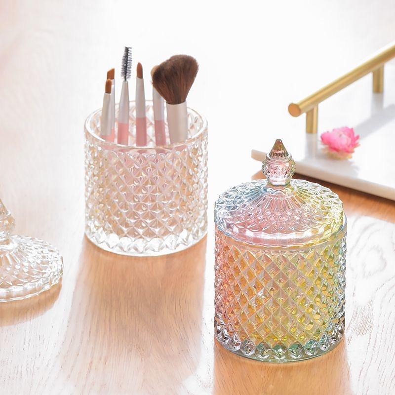 Europäisches Retro-Glas-Aufbewahrungsglas mit Deckel, Transparenter Goldener Schmuck- & Wattestäbchenhalter, Süßigkeiten- & Make-up-Pinsel-Organizer