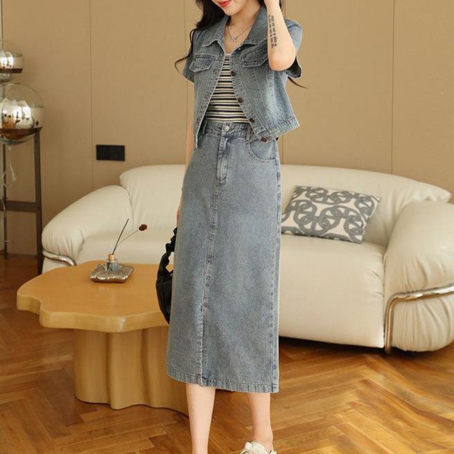 Stylish Summer 2026 Women's Denim Midi Skirt & Jacket Set
