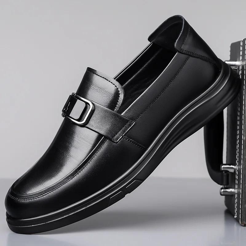 British Cowhide Casual Loafers for Men Spring Autumn Soft-soled Business Men's Dress Shoes Fashion Black Leather Shoes Male