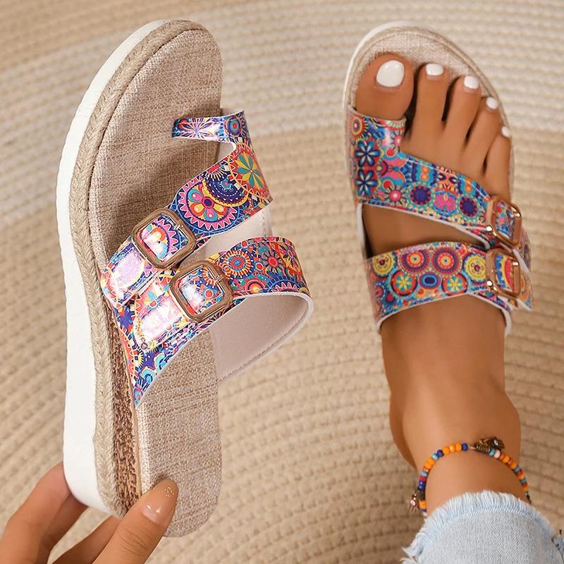 Fashion Fashion Printed Wedge Sandals for Women Ring Toe Double Buckle Platform Slippers Woman Summer Lightweight Non Slip Beach Sandals