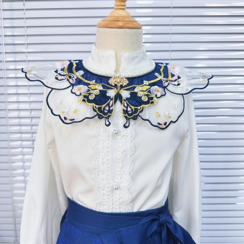 Hanfu Shawl False Collar Yunjian Embroidery Pearls Floral Detachable Collar Traditional Chinese Hanfu Accessories