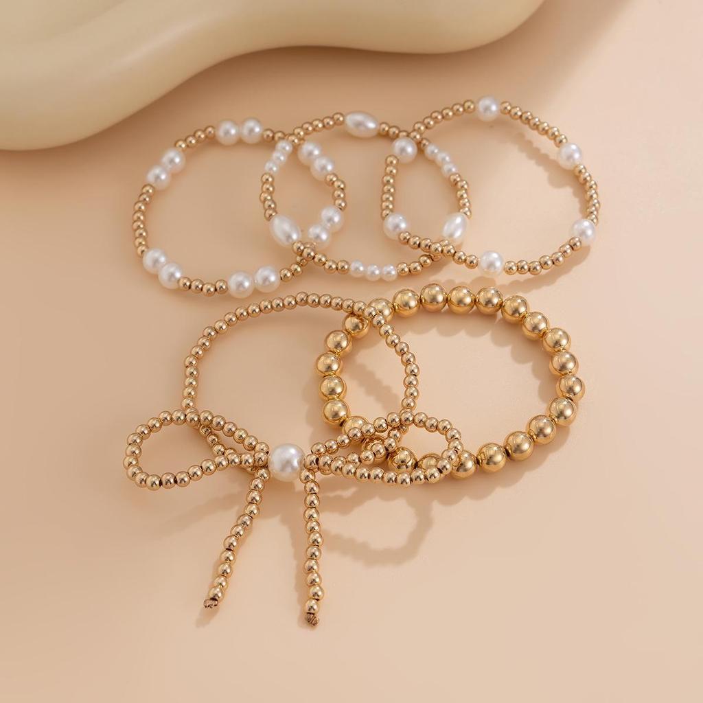 European and American Style Personalized Bow Beaded Multi-Layer Bracelet 5-Piece Set – Imitation Pearl Bracelet for Women