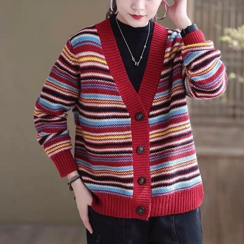 Women's Retro Striped Knit Cardigan for Fall/Winter: V-Neck, Button-Front, Casual, Loose-Fit Jacket